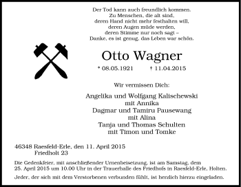 Traueranzeige von Otto Wagner von Tageszeitung