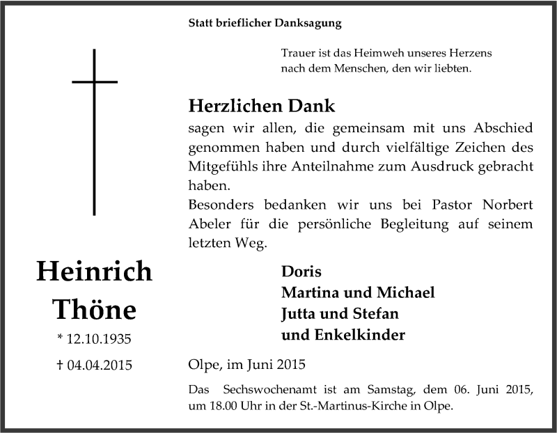  Traueranzeige für Heinrich Thöne vom 07.04.2015 aus Tageszeitung