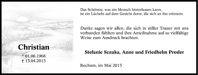  Traueranzeige für Christian Sczuka vom 25.04.2015 aus Tageszeitung