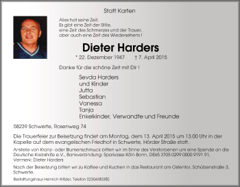 Traueranzeige von Dieter Harders von Tageszeitung