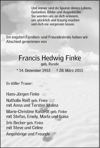Traueranzeige von Francis Hedwig Finke von Tageszeitung