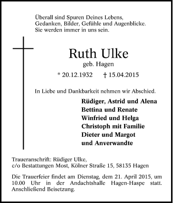 Traueranzeige von Ruth Ulke von Tageszeitung