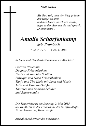 Traueranzeige von Amalie Scharfenkamp von Tageszeitung