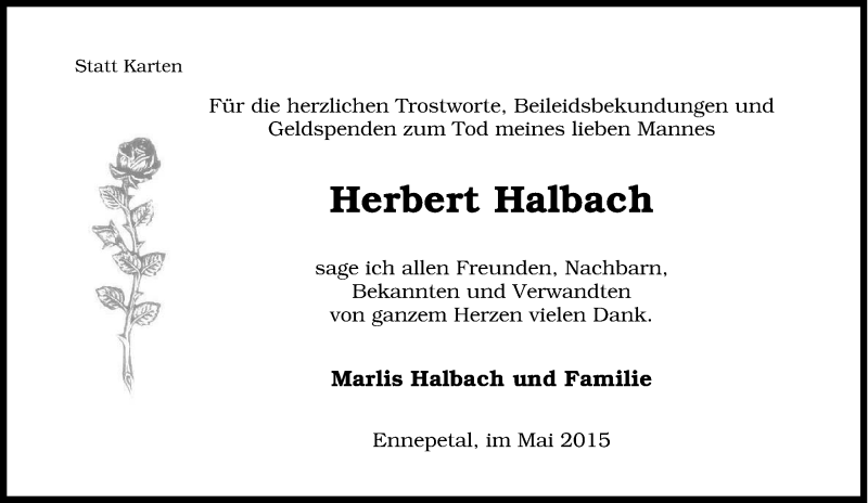  Traueranzeige für Herbert Halbach vom 07.04.2015 aus Tageszeitung