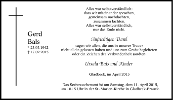 Traueranzeige von Gerd Bals von Tageszeitung