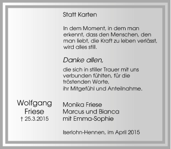 Traueranzeige von Wolfgang Friese von Tageszeitung