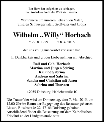 Traueranzeige von Wilhelm Horbach von Tageszeitung