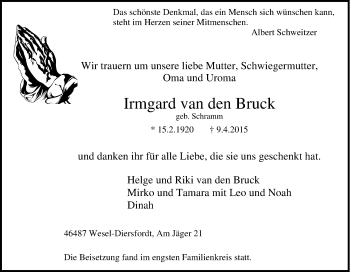 Traueranzeige von Irmgard van den Bruck von Tageszeitung