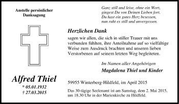 Traueranzeige von Alfred Thiel von Tageszeitung