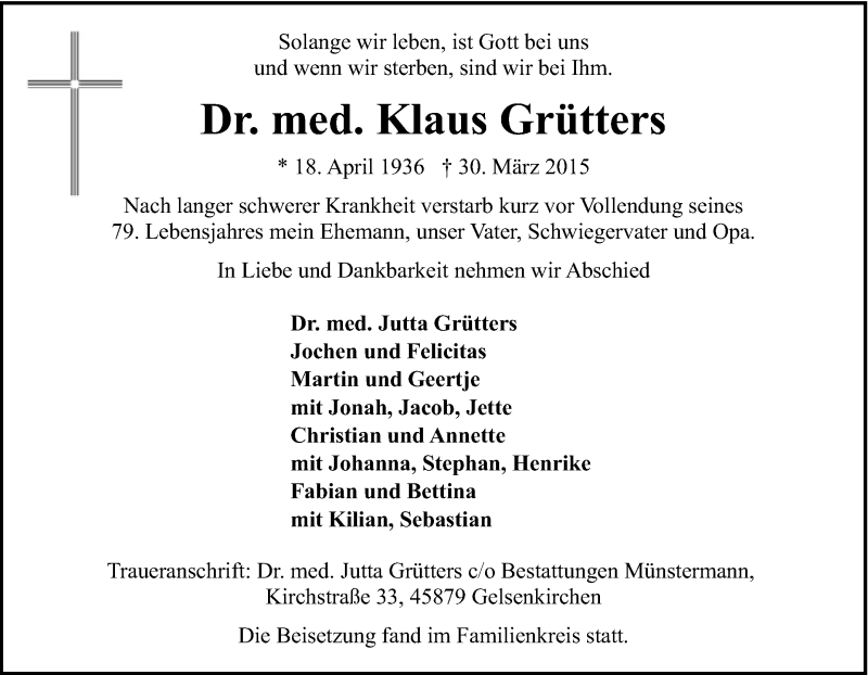  Traueranzeige für Klaus Grütters vom 02.04.2015 aus Tageszeitung