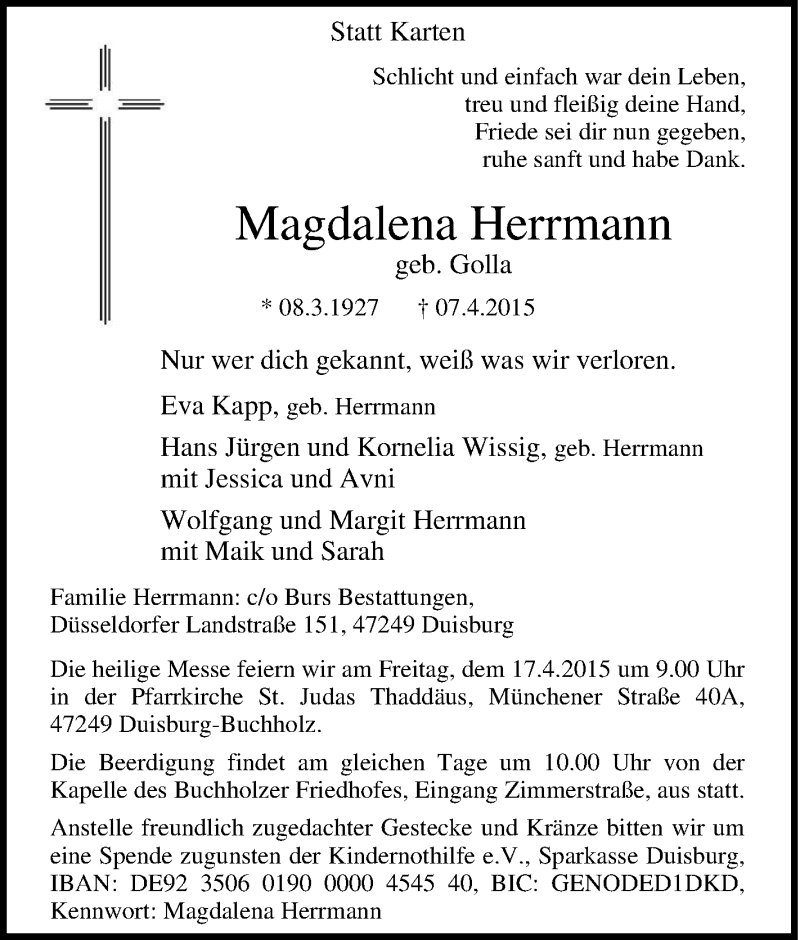  Traueranzeige für Magdalena Herrmann vom 11.04.2015 aus Tageszeitung