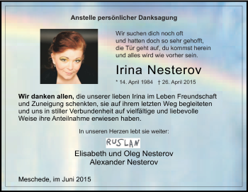 Traueranzeige von Irina Nesterov von Tageszeitung