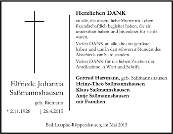 Traueranzeige von Elfriede Johanna Saßmannshausen von Tageszeitung