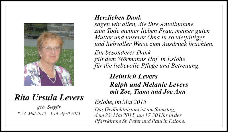 Traueranzeige für Rita Ursula Levers vom 20.04.2015 aus Tageszeitung
