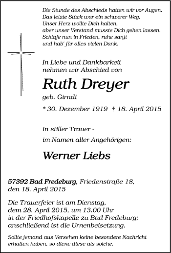Traueranzeige von Ruth Dreyer von Tageszeitung