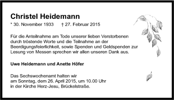 Traueranzeige von Christel Heidemann von Tageszeitung
