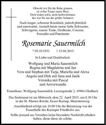 Traueranzeige von Rosemarie Sauermilch von Tageszeitung