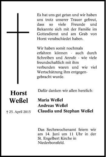 Traueranzeige von Horst Weßel von Tageszeitung