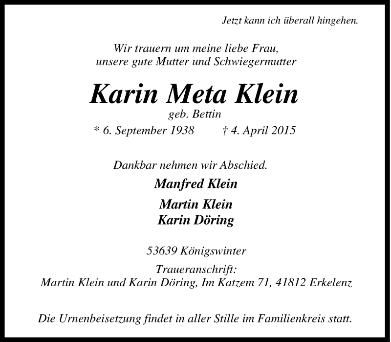  Traueranzeige für Karin Meta Klein vom 18.04.2015 aus Tageszeitung