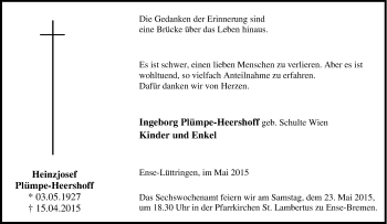 Traueranzeige von Heinzjosef Plümpe-Heershoff von Tageszeitung