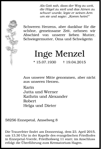 Traueranzeige von Inge Menzel von Tageszeitung