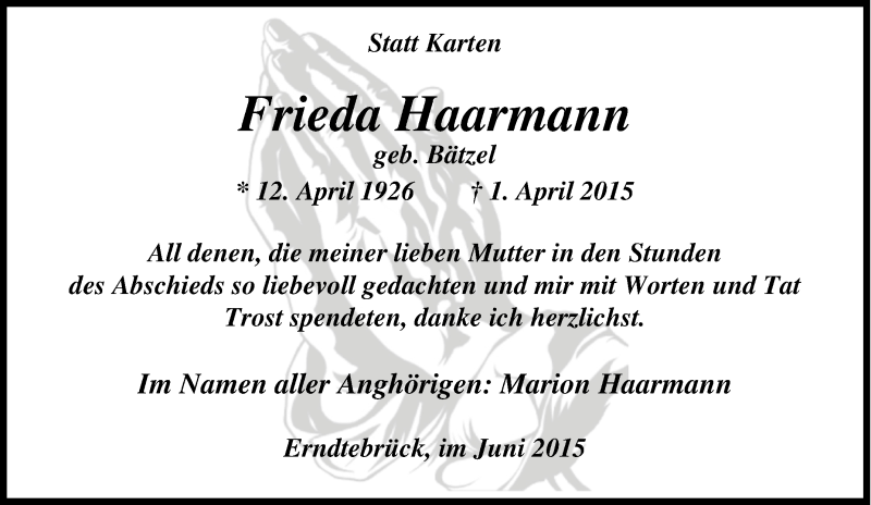  Traueranzeige für Frieda Haarmann vom 04.04.2015 aus Tageszeitung