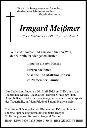 Traueranzeige von Irmgard Meißmer von Tageszeitung