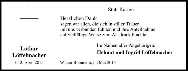  Traueranzeige für Lothar Löffelmacher vom 18.04.2015 aus Tageszeitung