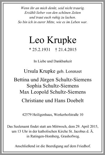 Traueranzeige von Leo Krupke von Tageszeitung