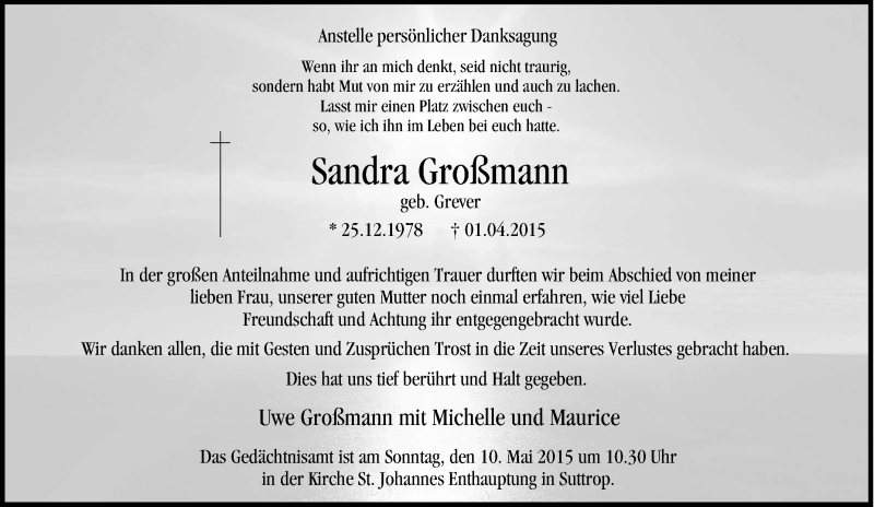  Traueranzeige für Sandra Großmann vom 04.04.2015 aus Tageszeitung