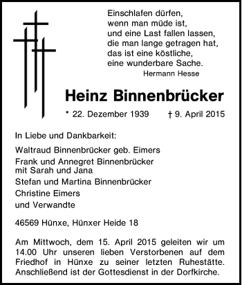 Traueranzeige von Heinz Binnenbrücker von Tageszeitung
