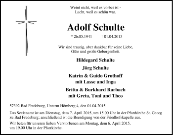 Traueranzeige von Adolf Schulte von Tageszeitung