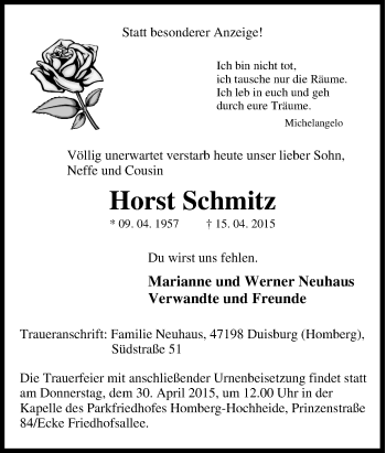Traueranzeige von Horst Schmitz von Tageszeitung