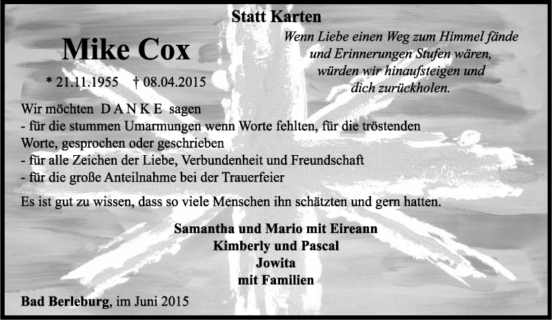  Traueranzeige für Mike Cox vom 15.04.2015 aus Tageszeitung