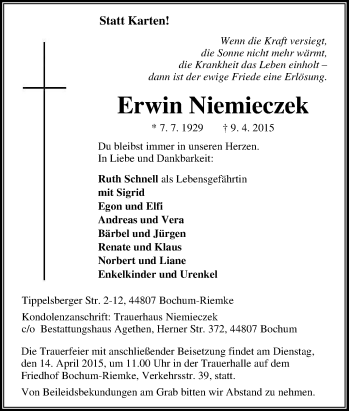 Traueranzeige von Erwin Niemieczek von Tageszeitung