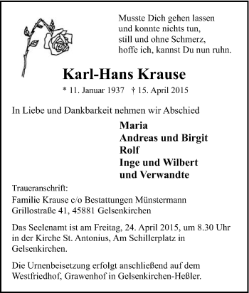 Traueranzeige von Karl-Hans Krause von Tageszeitung