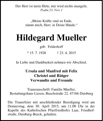 Traueranzeige von Hildegard Mueller von Tageszeitung