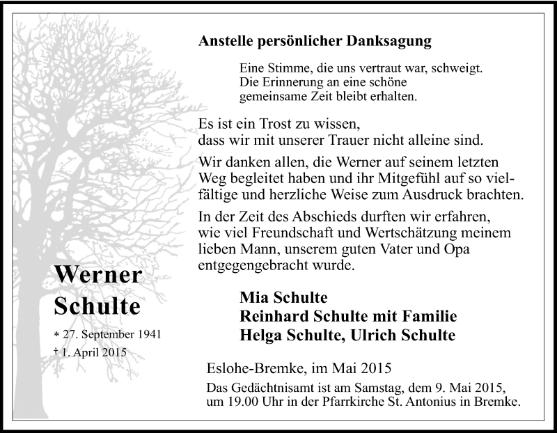  Traueranzeige für Werner Schulte vom 04.04.2015 aus Tageszeitung