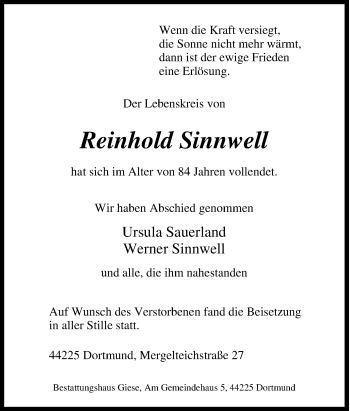 Traueranzeige von Reinhold Sinnwell von Tageszeitung