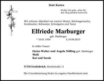 Traueranzeige von Elfriede Marburger von Tageszeitung