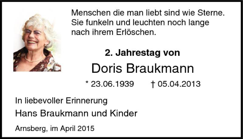  Traueranzeige für Doris Braukmann vom 04.04.2015 aus Tageszeitung