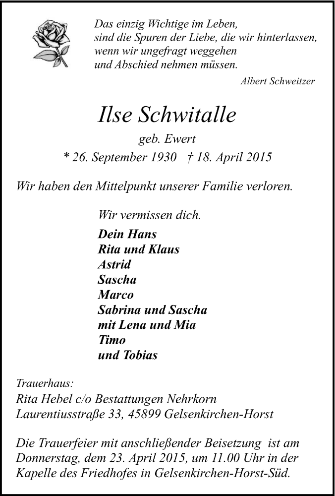  Traueranzeige für Ilse Schwitalle vom 21.04.2015 aus Tageszeitung