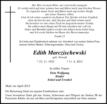 Traueranzeige von Edith Marczischewski von Tageszeitung