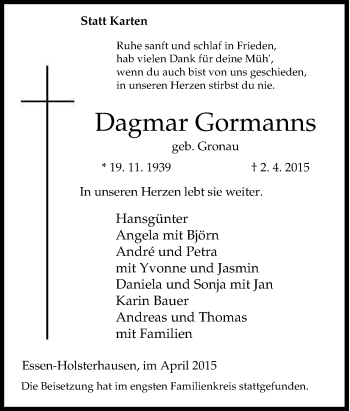 Traueranzeige von Dagmar Gormanns von Tageszeitung
