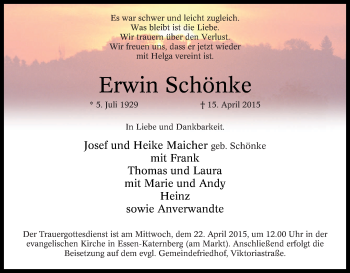 Traueranzeige von Erwin Schönke von Tageszeitung