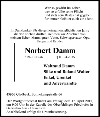 Traueranzeige von Norbert Damm von Tageszeitung