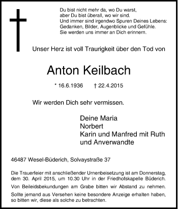 Traueranzeige von Anton Keilbach von Tageszeitung