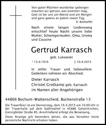 Traueranzeige von Gertrud Karrasch von Tageszeitung