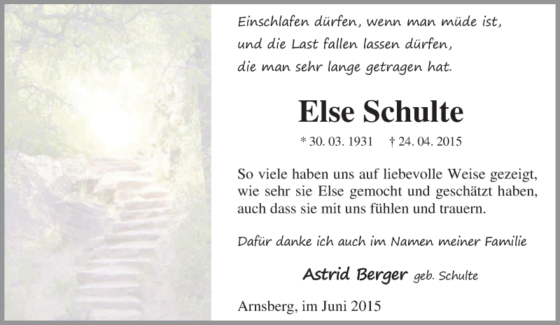  Traueranzeige für Else Schulte vom 27.04.2015 aus Tageszeitung