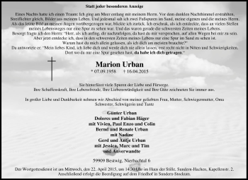 Traueranzeige von Marion Urban von Tageszeitung